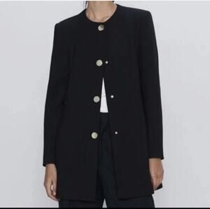 Zara Collarless Longline Frock Coat Blazer Gold Button Black Small